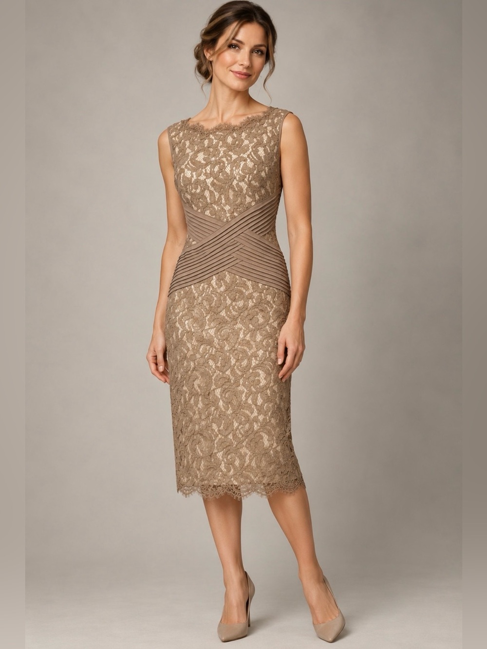 Tadashi Shoji Size 12 Taupe Lace Pintuck Sheath Cocktail Midi Dress